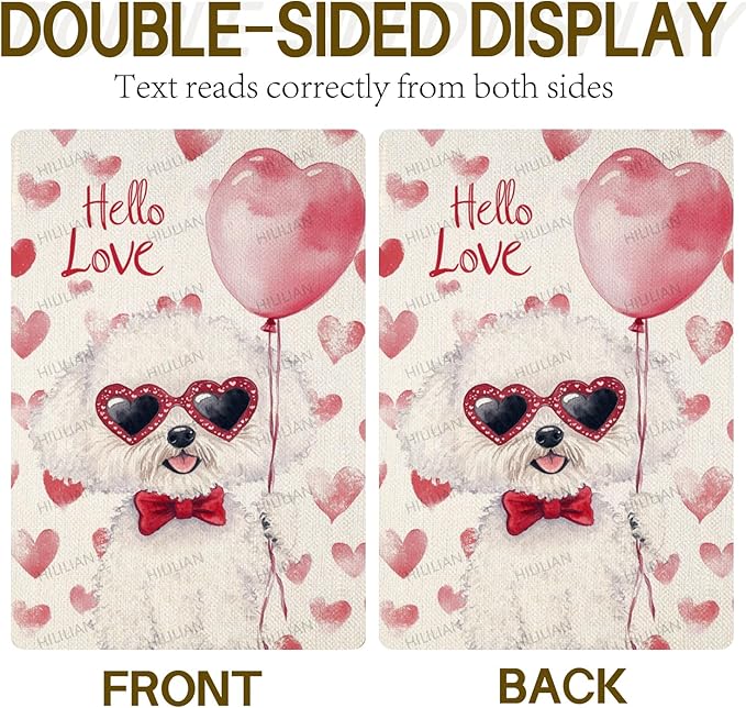 Valentine's Day Bichon Frise Hello Love Garden Flag, House Yard Plaid Love Heart Outside Decoration, Spring Holiday Wedding Anniversary Outdoor Small Decor 12x18(12621)