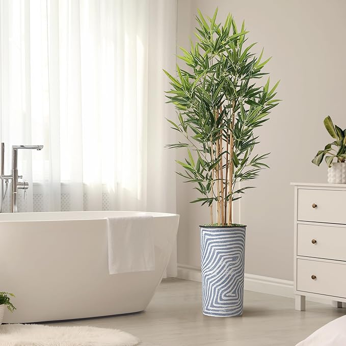 Artificial Tree in Contemporary Geometric Pattern Planter, Fake Bamboo Silk TRE for Indoor and Outdoor Home Decoration - 70" Overall Tall (Plant Pot Plus Tree)