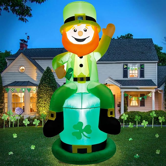 yofit 5 FT St. Patrick's Day Inflatable Leprechaun, Blow up Leprechaun Shamrock Outdoor Decoration with LED Lights, Perfect for Yard Garden Lawn Front Door Holiday Decor