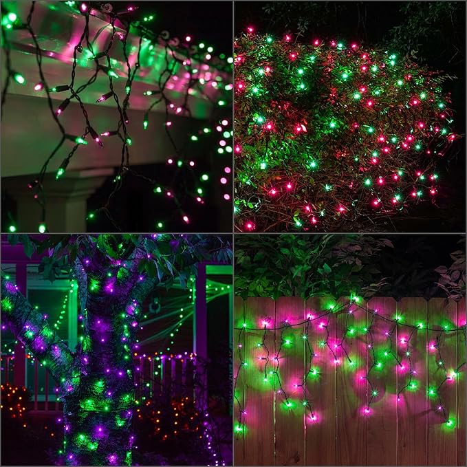 YULETIME 200 Green & Purple Halloween Lights with Black Wire, Pack of 2 Sets 33 ft 100 Count UL Certified Christmas String Lights (Green & Purple)