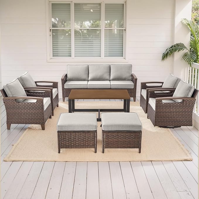 Rilyson Wicker Outdoor Patio Furniture Set - 8 Piece Patio Conversation Sets with Swivel Rocker Chairs, Chairs, Ottomans, Sofa and Coffee Table, Thick Cushions, for Porch Deck Brown/Beige