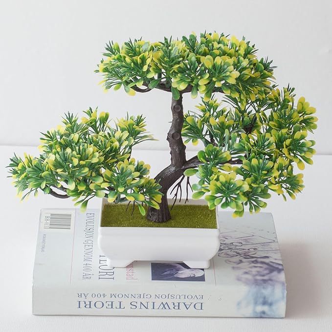Mini Artificial Bonsai Tree Fake Plants - Artificial Plant Welcome Pine Treewith Plastic Cement Pots for Home Office Décor (Yellow)