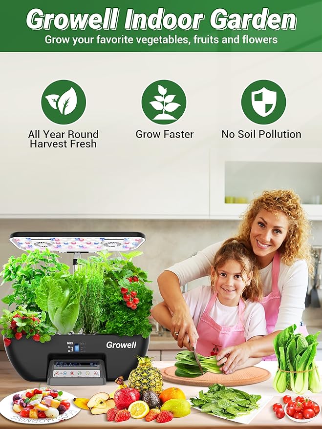 Growell Hydroponics Growing System Kit, 17 Pods Herb Garden with 102 28W Full-Spectrum Grow Lights & 2 Fans, Indoor Garden with Water Pump, 10L Water Tank, Auto Timer, Height Adjustable (Black & Grey)