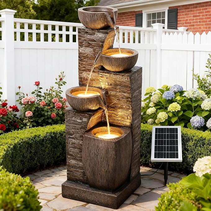 Solar Water Fountain Outdoor Garden, 38.2" Tall Stone Texture Modern Outdoor Fountain with 4 Tiers Cascading Bowls and Pump Solar Panel for Patio, Deck, Porch, Backyard Home Decor