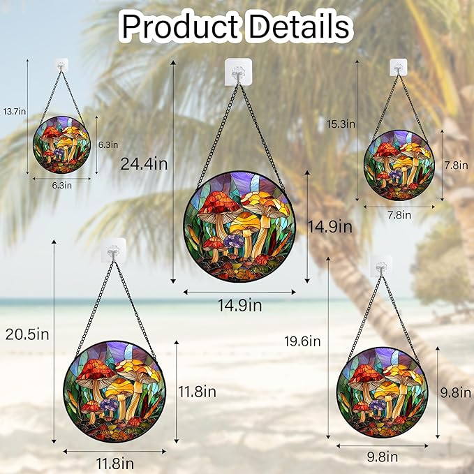 DASTOLL Stained Glass Window Hanging, Jungle Mushrooms Sun Catchers Diamond Glass Panel Hangings Plant Suncatcher Decor for Birthday for Women, Men, Wife, Aunt, and Mom 14.9x14.9 in
