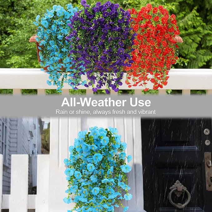 Artificial Flowers for Outdoors Decoration, 4Pcs Fake Hanging Flowers Morning Glory UV & Fading Resistant, Artificial Faux Plants Deocr for Home Porch Patio Balcony Planter Yard Garden Farmhouse