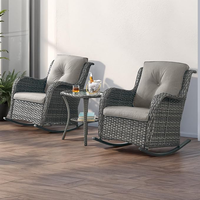 Rilyson Patio Chairs Outdoor Rocking Chair - 2 Piece Wicker Rattan Rocker Chairs Set with High Back and Deep Seating for Porch Deck Garden Backyard(Mixed Grey/Grey)
