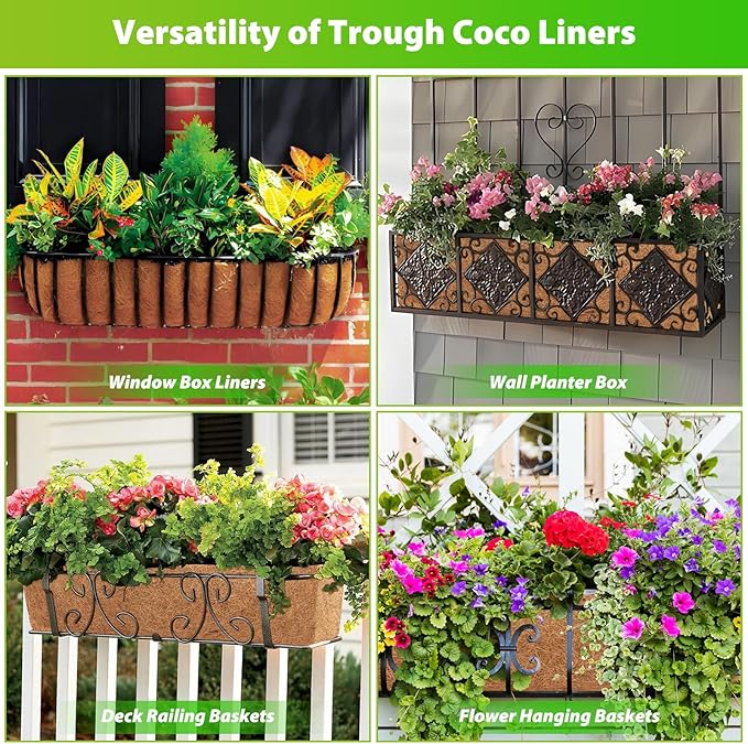 Legigo 4 Pack 24 Inch Square Coco Liners Planter Baskets Liner- Natural Coconut Coir Basket Liner Replacement, Window Box Liners Trough Coconut Liners for Wall Planter Garden Deck Fence Flower Baskets
