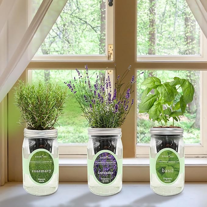 Environet Hydroponic Herb Growing Kit Set, Self-Watering Mason Jar Herb Garden Starter Kit Indoor, New Christmas Gift for Mom (Lavender, Rosemary & Basil)