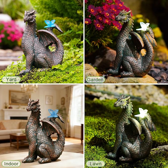 Nacome Solar Dragon Outdoor Statues for Garden: Outside Decor with Butterfly Clearance for Yard Art Lawn Ornaments Porch Patio Balcony Home House for Grandma Mom Women