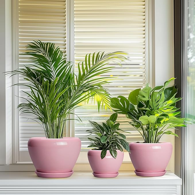 Ceramic Planters, 10+8+6 Inch Ceramic Plant Pots with Drainage Holes and Saucers, Flower Pots for Indoor Outdoor Plants, Modern Round Planter, Office Decor, Plant Lover Gifts, Set of 3, Pink