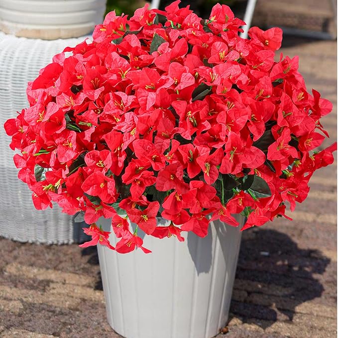 Ivydale Artificial Bougainvillea Flowers for Outdoors Spring Summer Decor, 4 Bundles Fake Red Silk Flowers for Outside Faux Plants UV Resistant Realistic for Outdoor Planters Patio Porch Garden Home