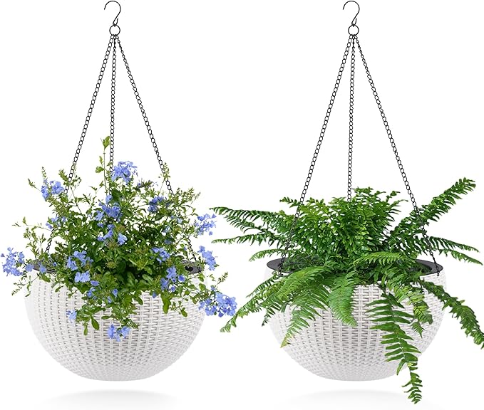 Vigo huseeo 13.5 inch 2Pack Large Hanging Planters for Outdoor/Indoor Plants, Self Watering Hanging Pot with Water Level Indicato, Drainage Holes and Chain for Garden Porch, White