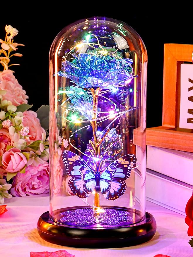 Valentines Day Rose Gifts for Her, Birthday Gift for Women Galaxy Glass Rose in Glass Dome Forever Eternal Crystal Flower with Butterfly Valentine Gifts for Women Daughter Mom Wife Girlfriend Blue