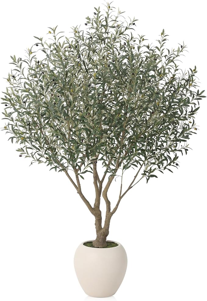 VeriNatural Artificial Olive Tree 8FT Faux Plant Home Decor - Large White Pot with Lifelike Silk Leaves, UV Resistant & No Maintenance - Indoor Outdoor Fake Tree for Modern Office Living Room,VN206