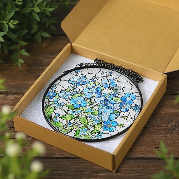 Stained Glass Window Hanging, 8 Inch Forget Me Not Stained Glass Suncatcher, Window Hanging Decor, Flower Sun Catchers, Gifts for Flower Lover, Birthday Gifts for Lover, Friend, Family, Teacher