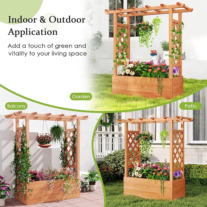 HAPPYGRILL Raised Garden Bed w/Trellis, 2 Wooden Elevated Planter Box w/Hanging Roof, Drainage Holes & Removable Bottom Panels for Climbing Vine Flower, Indoor Outdoor Wood Planter for Yard Patio