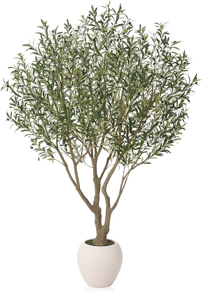 VeriNatural Olive Trees Artificial Indoor, 8FT Tall Faux Olive Tree with Round White Planter, UV Resistant Outdoor Large Fake Olive Plants for Modern Home Decor Living Room Office