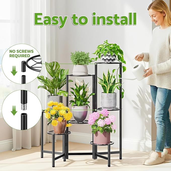 NQW 7 Tier Metal Patio Plant Stand Outdoor, Heavy Duty Flower Stands for Indoor Plants, Floding Tall Corner Shelf for Diaplay Racks for Home Decor, Graden, Balcony -BlackDiamond