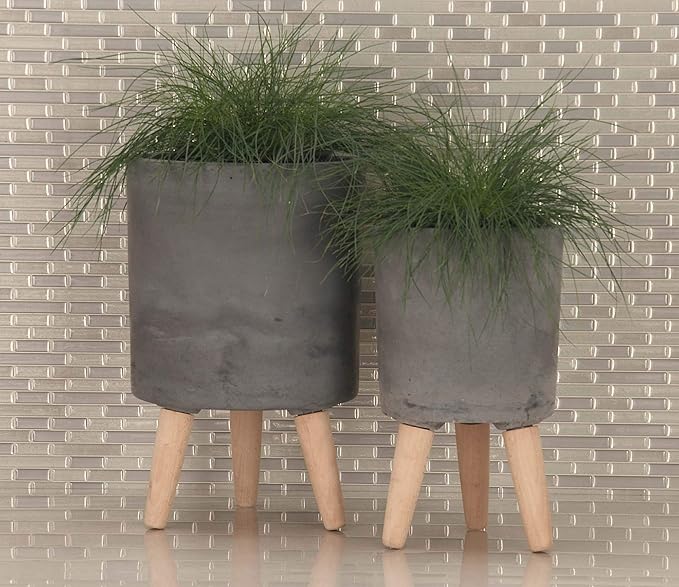 Deco 79 Fiberclay Round Planter with Wood Legs, Set of 3 12", 15", 17"H, Black