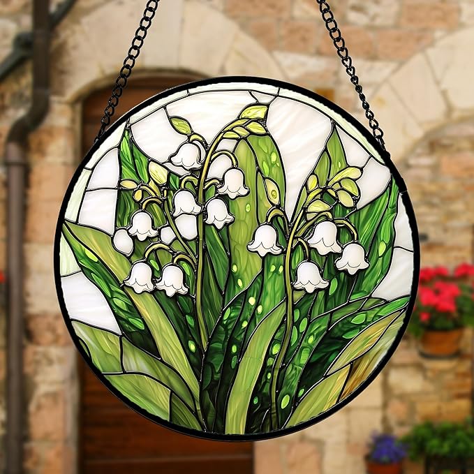 DASTOLL Stained Glass Window Hanging, Lily of The Valley Flower Sun Catchers Colorful Glass Panel Green Plants Suncatcher Decor for Birthday for Women,Men,Wife, Lovers, and Mom 6.3 in