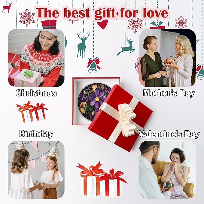 AMDERVEN Stained Glass Window Hanging, Purple Green Flowers Sun Catcher for Door Home Decor Plants Suncatcher Christmas Mother's Day Birthday Gifts for Women Men Mom and Nana 6.3 in