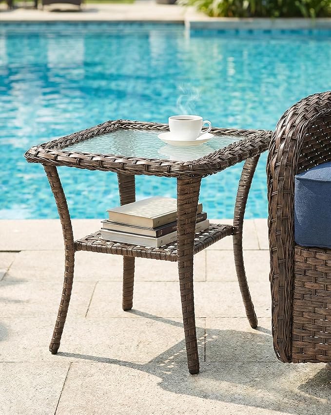 Belord Upgraded 6“ Cushion Luxury 6 Pieces Patio Furniture Set - All Weather Wicker Outdoor Swivel Rocker Patio Chairs of 4 with Side Table, High Back Glider Chairs Set for Deck Porch - Brown/Blue