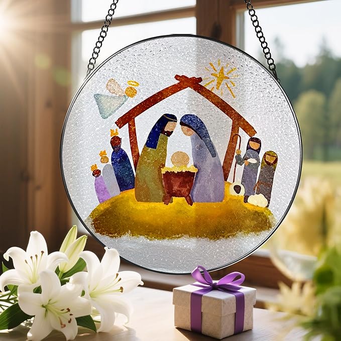 8'' Stained Glass Window Hanging, Nativity Scene Ornament, Christian Ornament, Holy Family Decoration, Religious Holiday Decor, Gift for Christmas, Religious Gifts, Christian Gifts