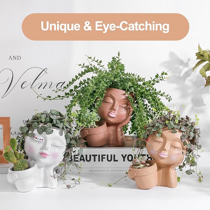 vomiceak Face Planter Pots Head Planters for Indoor Outdoor Plants - Double Plant Pots for Flower Succulent with Drainage Holes - Ideal Present Ideas(Black Lady)