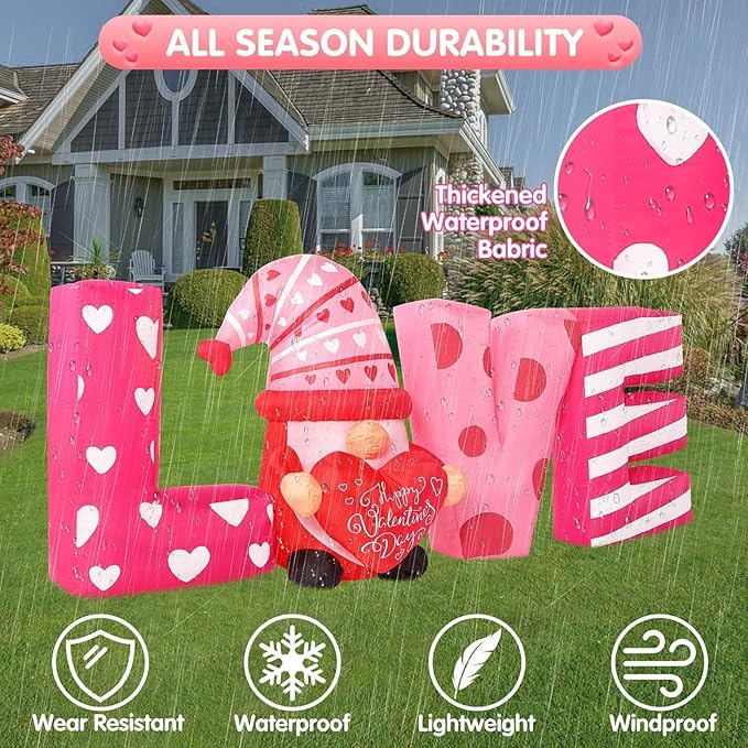 Valentine Inflatable Yard Decoration 6ft Love Gnome Romantic Outdoor Blow Up Décor with LED Lights for Indoor Outside Use Perfect for Valentine’s Day Wedding Holiday and Party