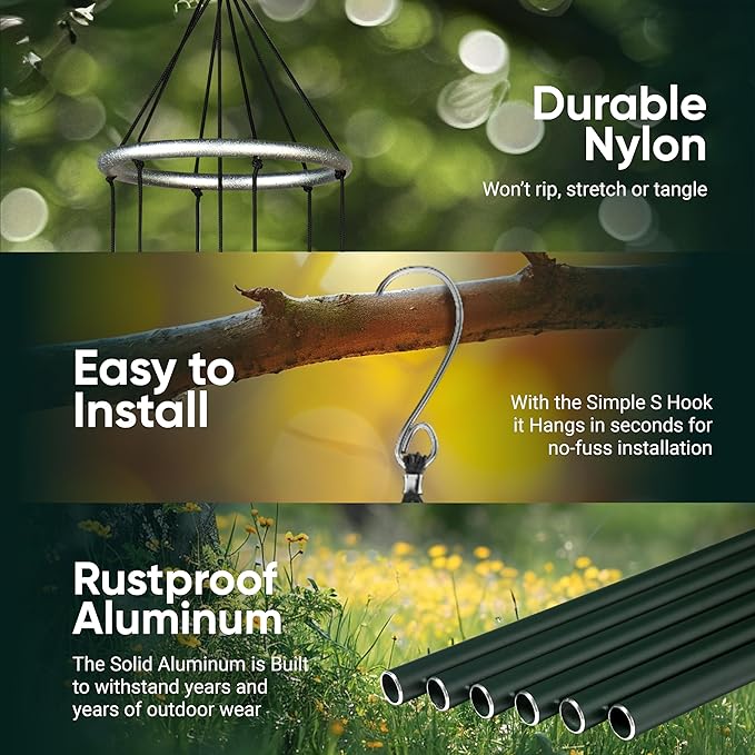 Nature’s Melody Aureole Tunes Wind Chimes – Outdoor Windchime with 6 Tubes Tuned to B Pentatonic Scale, 100% Rustproof Aluminum, Powder Finish & S Hook Hanger for Sympathy, Memorial Gift or Zen Garden