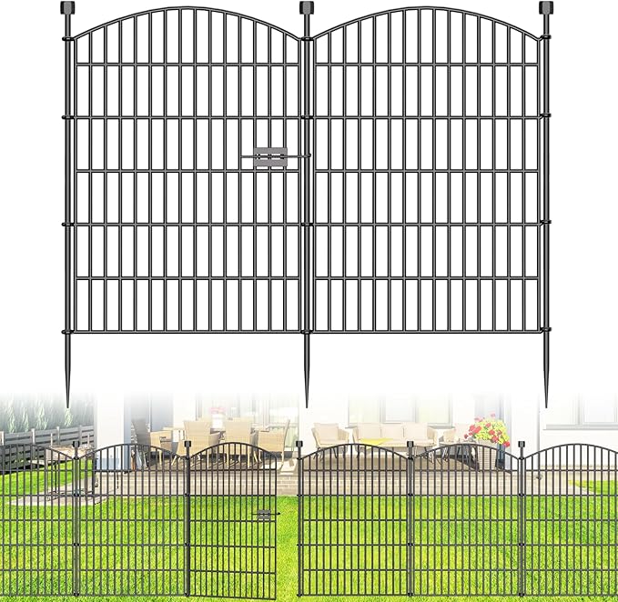 No Dig Decorative Garden Fence 5 Panels with Gate, 40 in (H) x 11.8 ft (L), Dog Fence Outdoor for Yard,Rustproof Metal Animal Barrier Ground Stakes Fencing for Garden, Patio, Flower Bed
