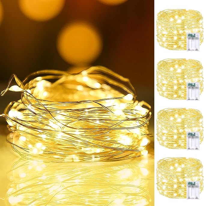 4 Pack Cuttable Fairy Lights Battery Operated, Waterproof 20FT 60LED Twinkle Lights with Timer Indoor Outdoor, Fairy Battery String Light for Bedroom, Classroom, Wedding, Christmas Décor(Warm White)