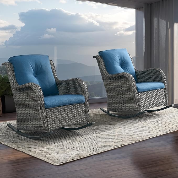 Rilyson Patio Chairs Outdoor Rocking Chair - 3 Piece Wicker Patio Bistro Set Rattan Patio Furniture Rocker Chairs and Side Table for Porch Deck Backyard Garden(Mixed Grey/Blue)