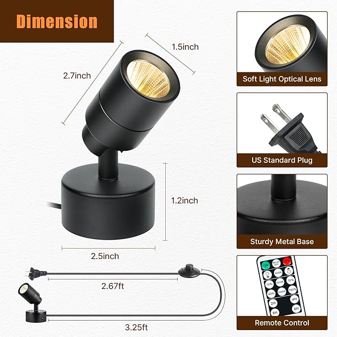 2 Pack LED Spotlights Indoor, 5W Plants Uplighting with Remote Control Dimmable & Timer, Uplights Indoor Floor Spot Lights for Picture, Artwork, Accent Stick on Wall Light with 5.9 FT Plug Cord