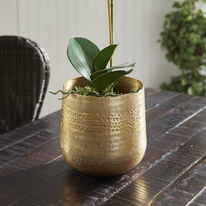 MY SWANKY HOME Elegant Classic Embossed Metal Gold Cachepot Planter Hammered Textured Round 8.25 in Indoor