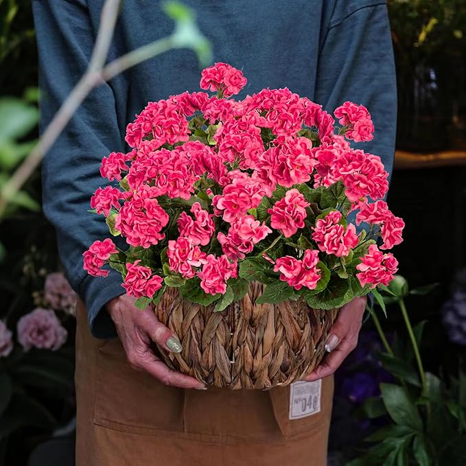 Uqueeten Artificial Flowers for Outdoors Artificial Geranium, 8PCSFake Flower Geranium Artificial Plant Home Decor,Silk Geraniums Artificial Flowers Realistic Outdoor Decoration 14.4"(Rose Red)