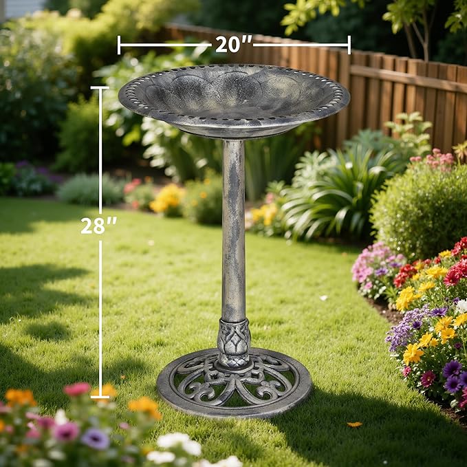 VECELO 28" Pedestal Outdoor Bird Bath with Solar Powered Fountain for Outside, Vintage Bronze Polyresin Lightweight Antique, Yard/Garden Decoration, Gray