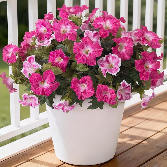Ammyoo 6 Pcs Artificial Flowers Fake Petunias for Outdoors, Faux Flowers for Outdoor Planter, UV Resistant Realistic Fake Plants for Outside No Fade for Garden Porch Patio Indoor Room Decor(Fuchsia)