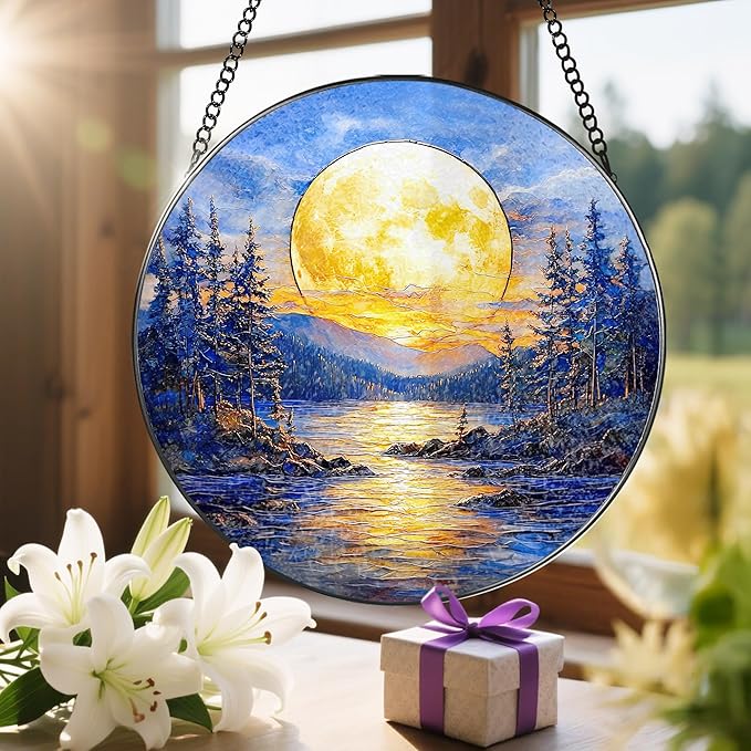 LAOWEIKI 8'' Full Moon Over Forest Lake Suncatcher Ornament, Stained Glass Window Hanging, Sun Catchers for Windows Hanging Ornaments, Window Decor | Gifts for Christmas, Birthday, Father's Day