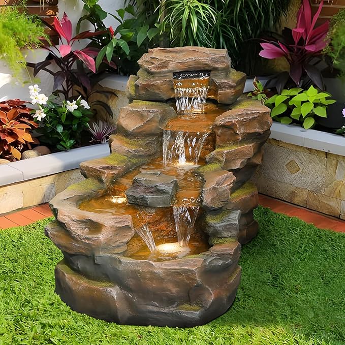 Water Fountain Outdoor Floor Standing 5-Tiers Rock Natural Waterfall Outdoor Garden Fountains with LED Lights for Patio, Porch, Home Art Decor