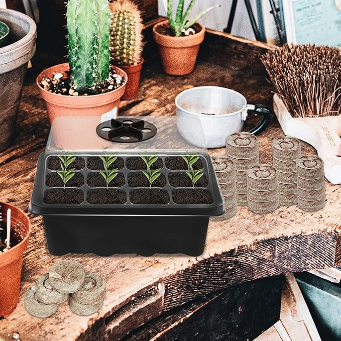 Halatool 4 Pack Seed Starter Tray with 50 PCS Peat Pellets, 48 Cells Black Seeding Starter Trays for Organic Seed Starter Soil Pods for Planting Vegetables Plants Flowers - Starting Seeds Kit