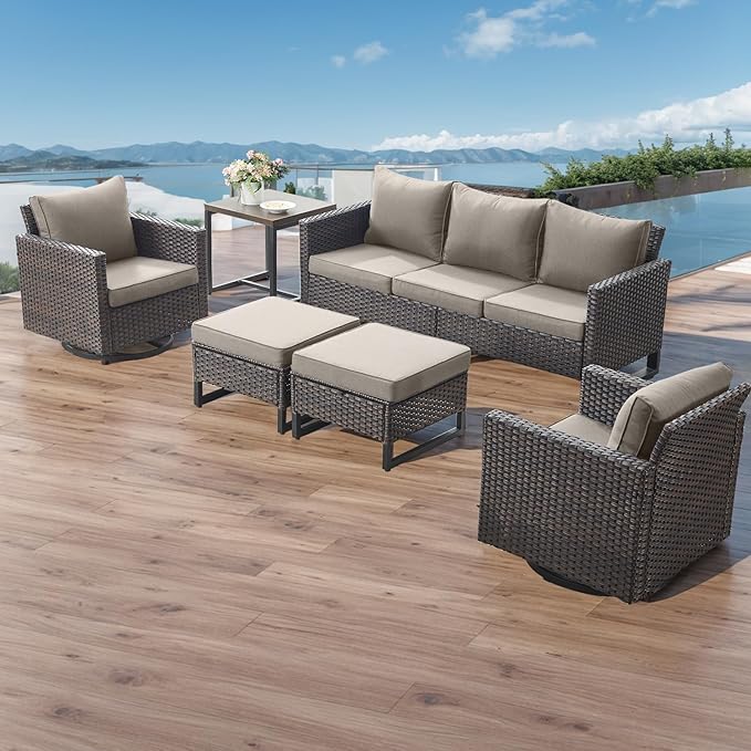 Rilyson Wicker Outdoor Patio Furniture Set - 5 Piece Patio Conversation Set with 2 Swivel Rocker Chairs,2 Rattan Ottoman and 1 Metal Side Table for Outside Porch Deck Backyard Garden(Brown/Grey)