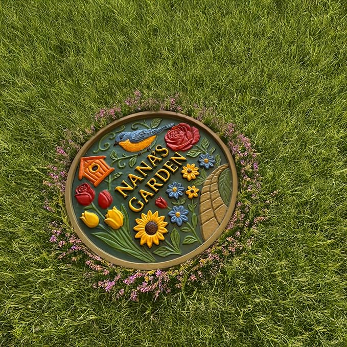 VEOJEIN Nana’s Garden Stepping Stone 9.45" – Hand-Painted Resin Garden Decor with Bird, Flowers & Path Design – Whimsical Gift for Grandma, Mother’s Day, Birthday, or Outdoor Display