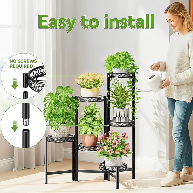 NQW 6 Tier Large Plant Stand Indoor with 7.9-Inch Wide Drainage Tray, Tiered Corner Metal Outdoor Flower Display Holder Shelf, Folding Tall Rack for House Patio Porch Balcony Graden - BlackFlower