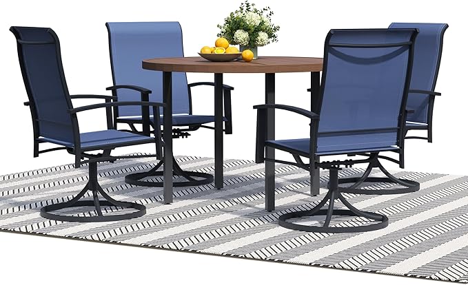 5 Pieces Outdoor Table and Chairs for 4, 42" Walnut Round Table with 4 Blue Swivel Chairs, Patio Set with Swivel Chair, Garden Tables for Outdoor, Patio Dining Set for Lawn Backyard Poolside