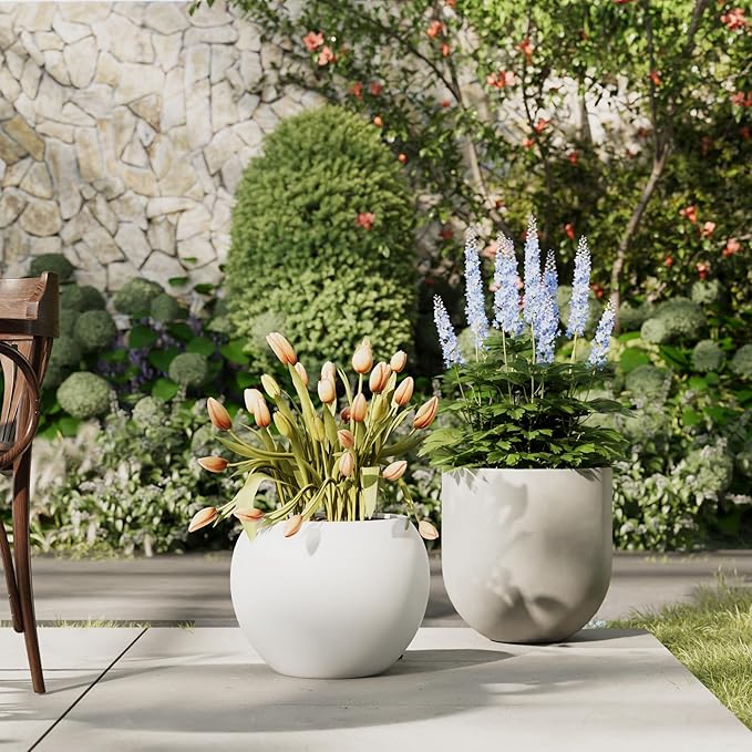 DTY Signature Mount Sherman 19.7''D x 21.7''H Modern Indoor Outdoor Fiberstone Sphere Planter, Durable Round Garden Pot, Weather Resistant, Drainage Hole & Rubber Plug - Large, White