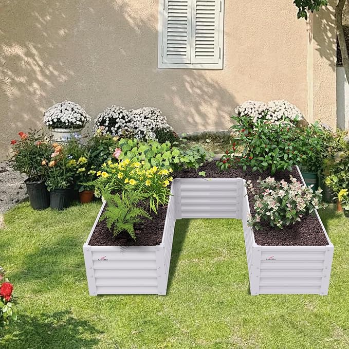 A ANLEOLIFE U-Shaped Outdoor Galvanized Raised Garden Bed, 6x6x1.5ft, Center-Access Bottomless Planter Box, 22-Gauge Corrugated Metal, Reinforced Bracing Rods, Antique White