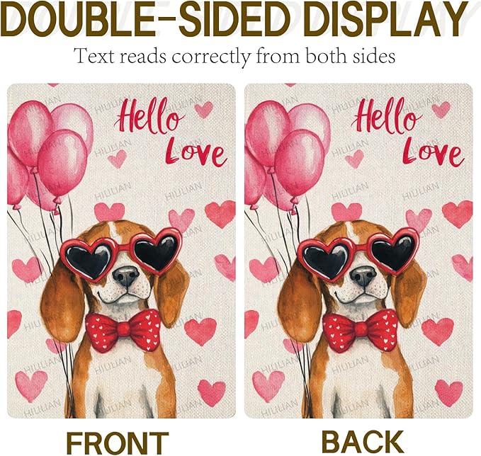 Valentine's Day Beagle Hello Love Garden Flag, House Yard Plaid Love Heart Outside Decoration, Spring Holiday Wedding Anniversary Outdoor Small Decor 12x18(12616)