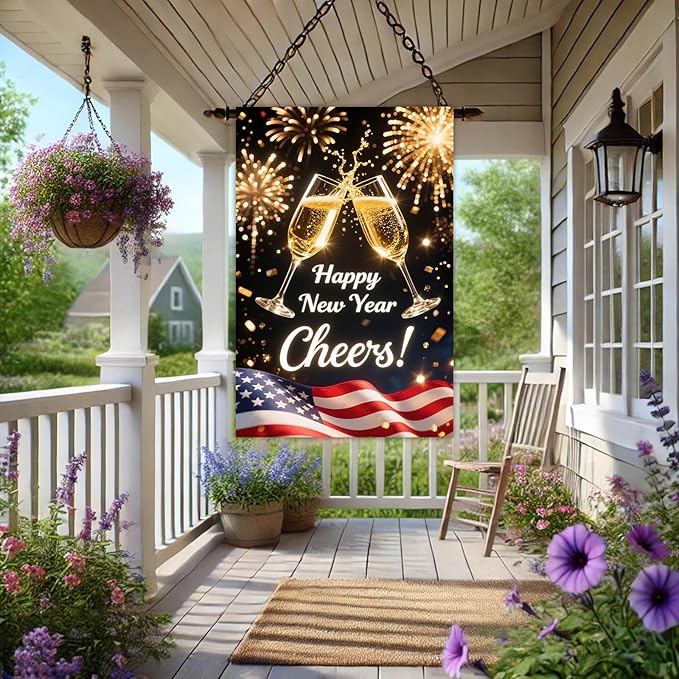 Happy New Year House Flag 28x40 Inch Double Sided Garden Flag Cheers Champagne Glasses and American Flag Design Winter Holiday Yard Banner Large Outdoor Flag for Porch Lawn Home Decoration